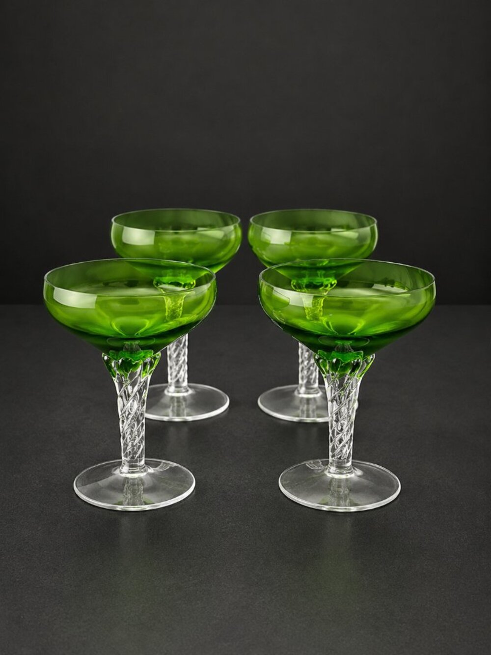 Epoli Italian Green Coupe Glasses Set of 4 Twisted Stem Vintage Cocktail Glass